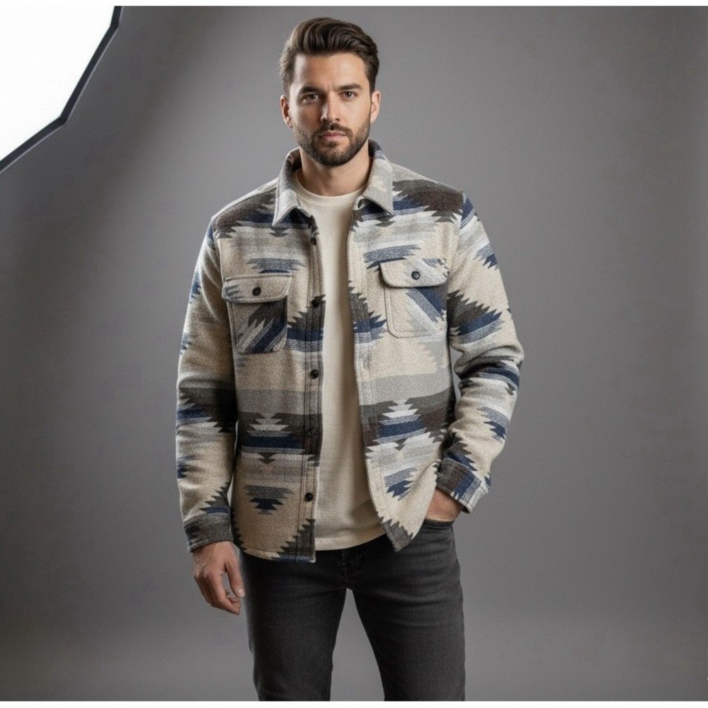 Jachs NY Mens XL Wool Blend Sherpa Lined Aztec Flannel Fleece Jacket Shacket